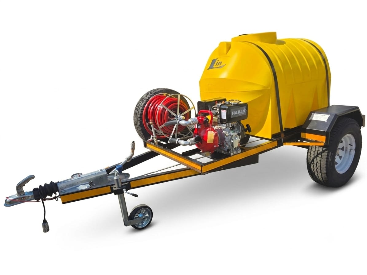 Yellow 1000 litre trailer and a fire fighting pump on a trailer 