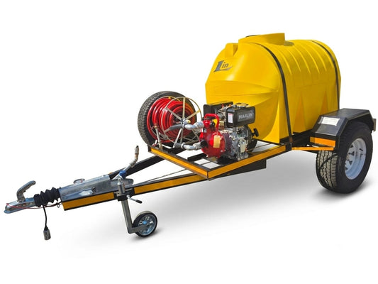Yellow 1000 litre trailer and a fire fighting pump on a trailer 