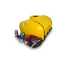 A yellow diesel bowser tank with black piping, a red pump frame, and attached hoses and a small red fire extinguisher, shown on a plain white background.