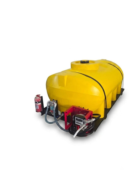 A yellow diesel bowser tank with black piping, a red pump frame, and attached hoses and a small red fire extinguisher, shown on a plain white background.