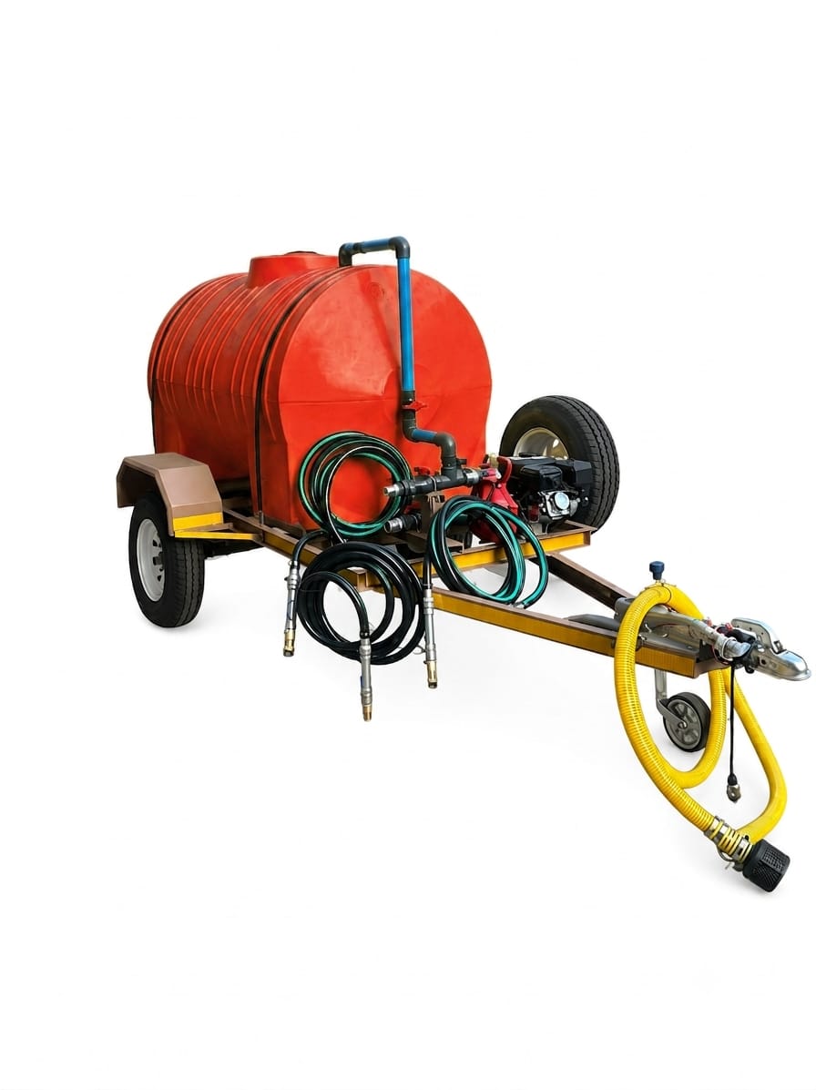 A red cylindrical water tank on a yellow wheeled trailer with attached hoses, nozzles, and a yellow hose leading from the front, isolated on a white background.
for fire fighting