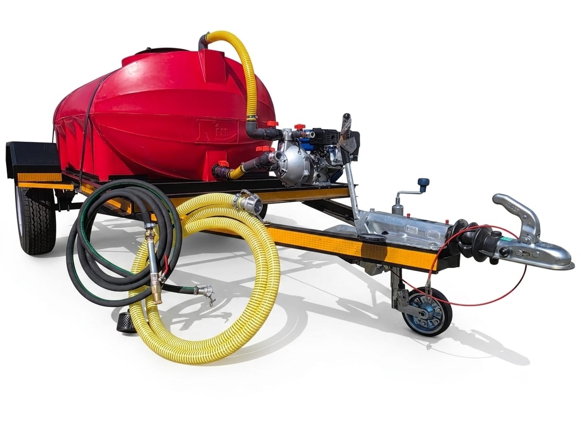 1500 litre red tank on a trailer with a fire figthing pump